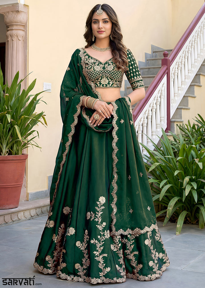 Emerald Green &amp; Antique Gold Silk Lehenga Choli with Zari, Dori &amp; Sequin Work