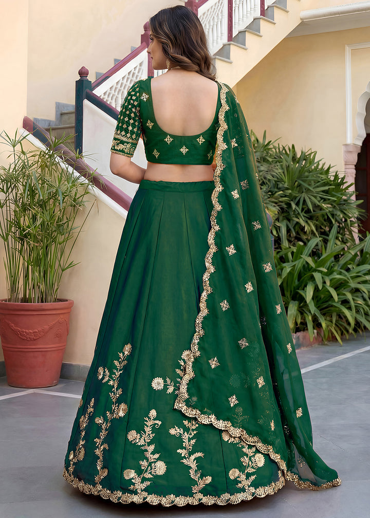 Emerald Green &amp; Antique Gold Silk Lehenga Choli with Zari, Dori &amp; Sequin Work