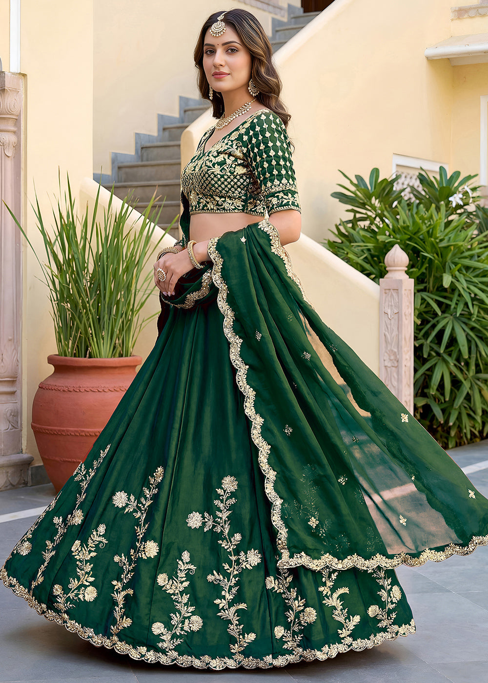 Emerald Green &amp; Antique Gold Silk Lehenga Choli with Zari, Dori &amp; Sequin Work