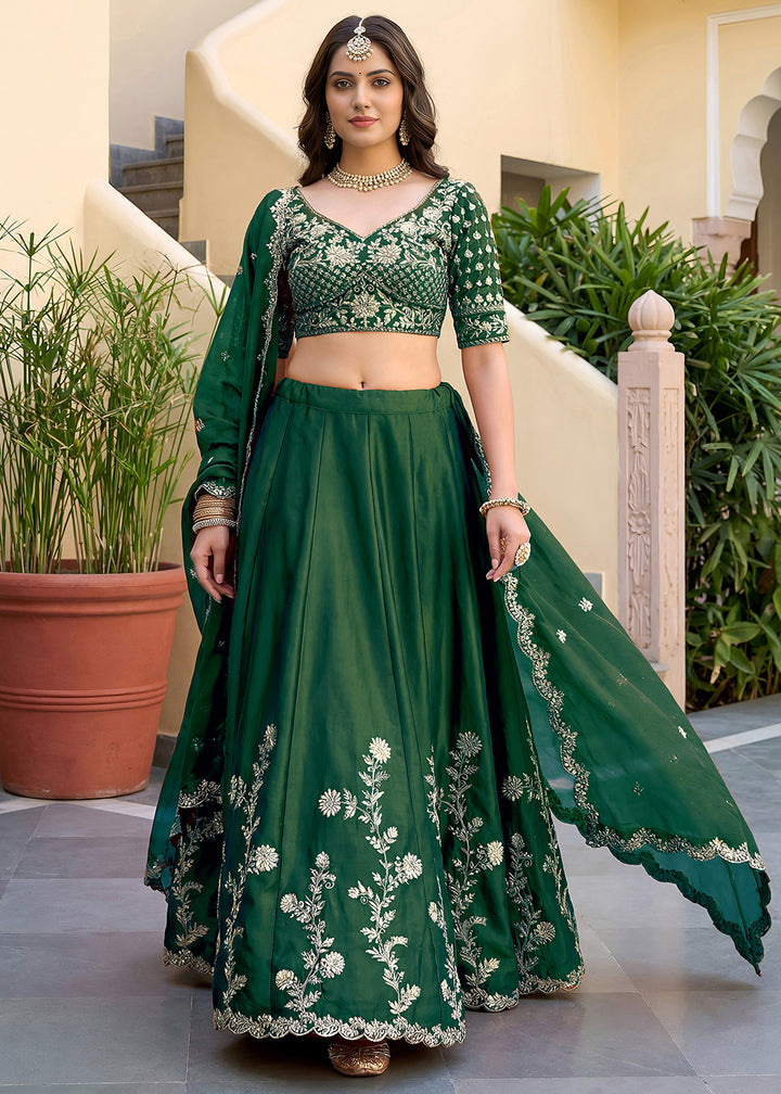 Emerald Green &amp; Antique Gold Silk Lehenga Choli with Zari, Dori &amp; Sequin Work