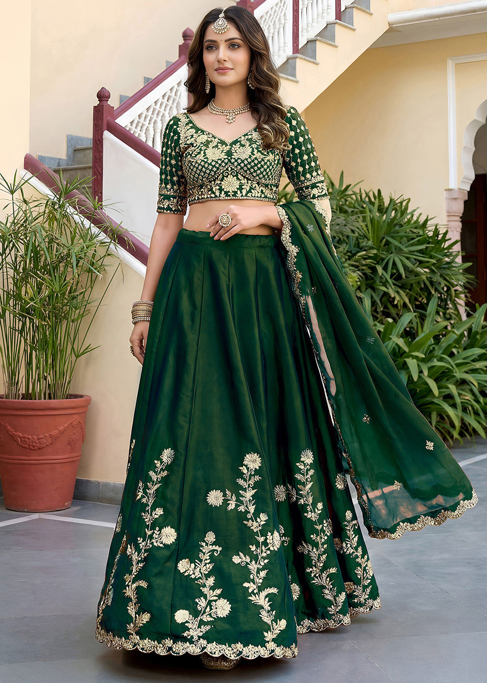 Emerald Green &amp; Antique Gold Silk Lehenga Choli with Zari, Dori &amp; Sequin Work