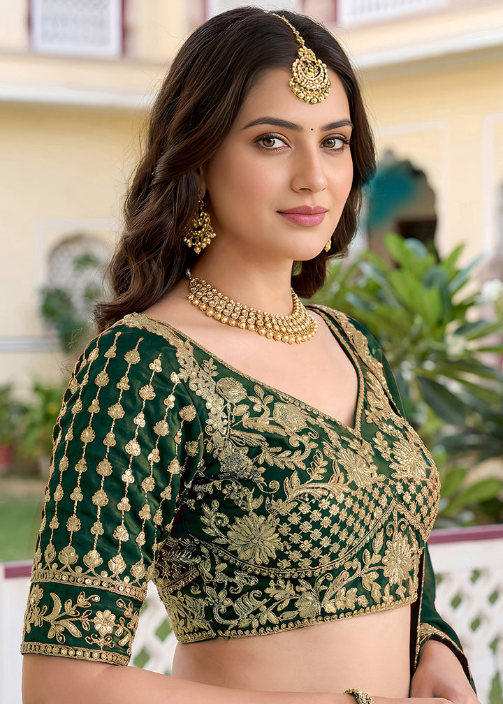 Emerald Green &amp; Antique Gold Silk Lehenga Choli with Zari, Dori &amp; Sequin Work
