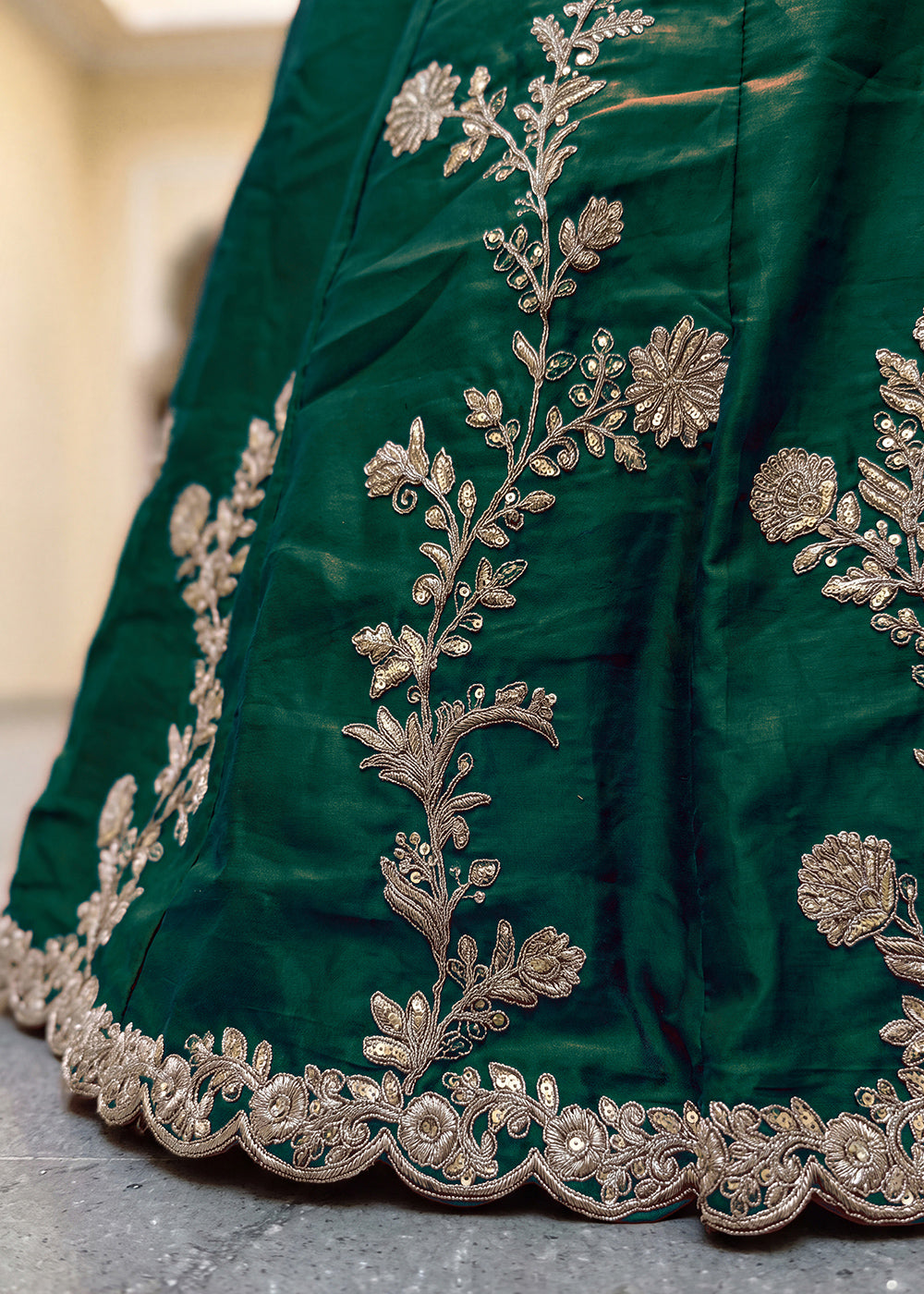 Emerald Green &amp; Antique Gold Silk Lehenga Choli with Zari, Dori &amp; Sequin Work