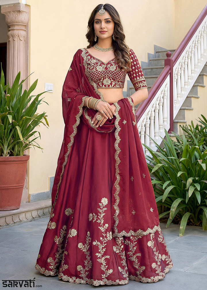 Maroon Red &amp; Gold Embroidered Silk Lehenga Choli with Zari, Dori and Sequin Work