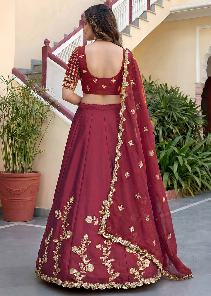 Maroon Red &amp; Gold Embroidered Silk Lehenga Choli with Zari, Dori and Sequin Work