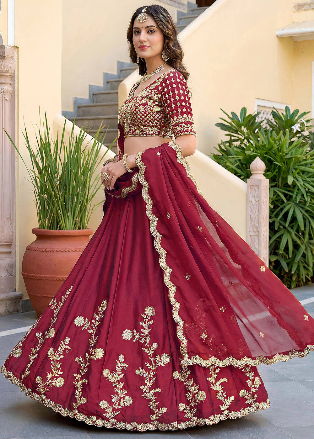 Maroon Red &amp; Gold Embroidered Silk Lehenga Choli with Zari, Dori and Sequin Work