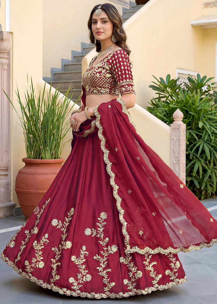 Maroon Red &amp; Gold Embroidered Silk Lehenga Choli with Zari, Dori and Sequin Work