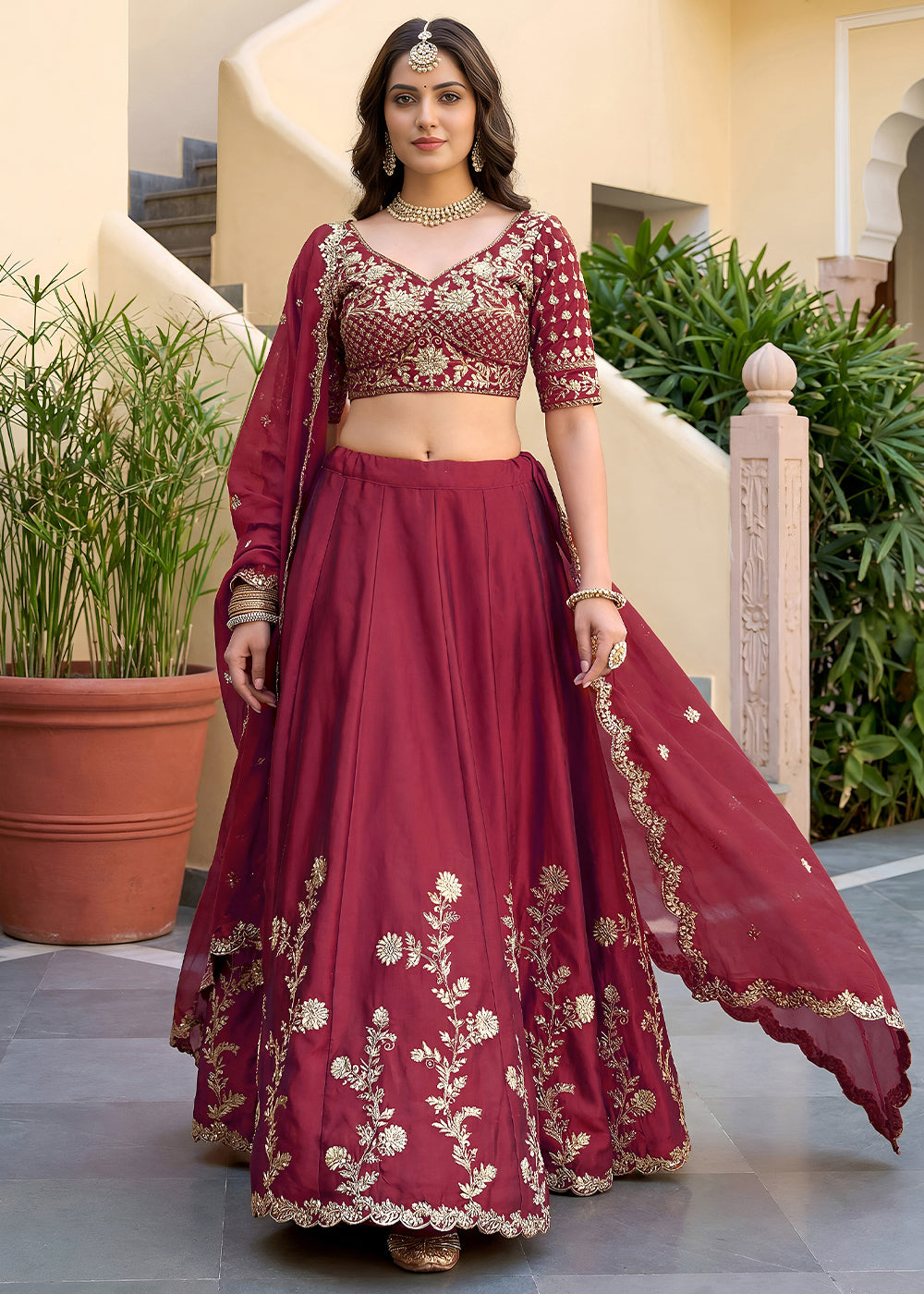 Maroon Red &amp; Gold Embroidered Silk Lehenga Choli with Zari, Dori and Sequin Work
