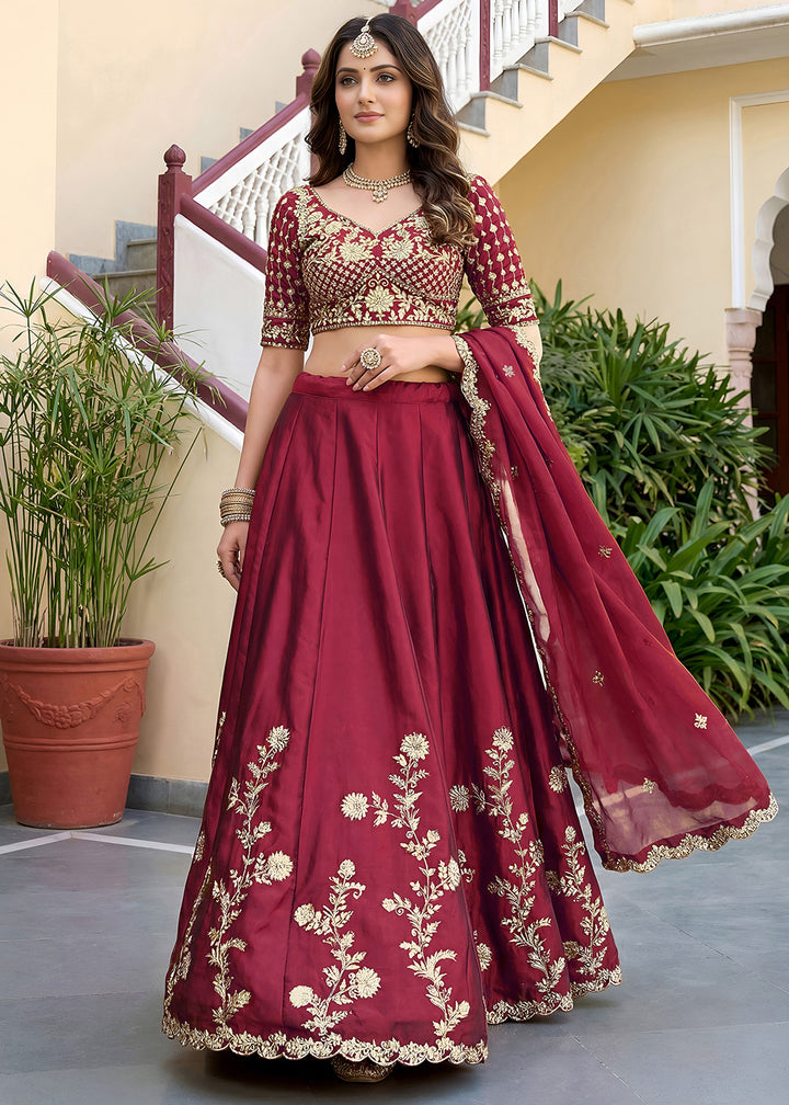 Maroon Red &amp; Gold Embroidered Silk Lehenga Choli with Zari, Dori and Sequin Work