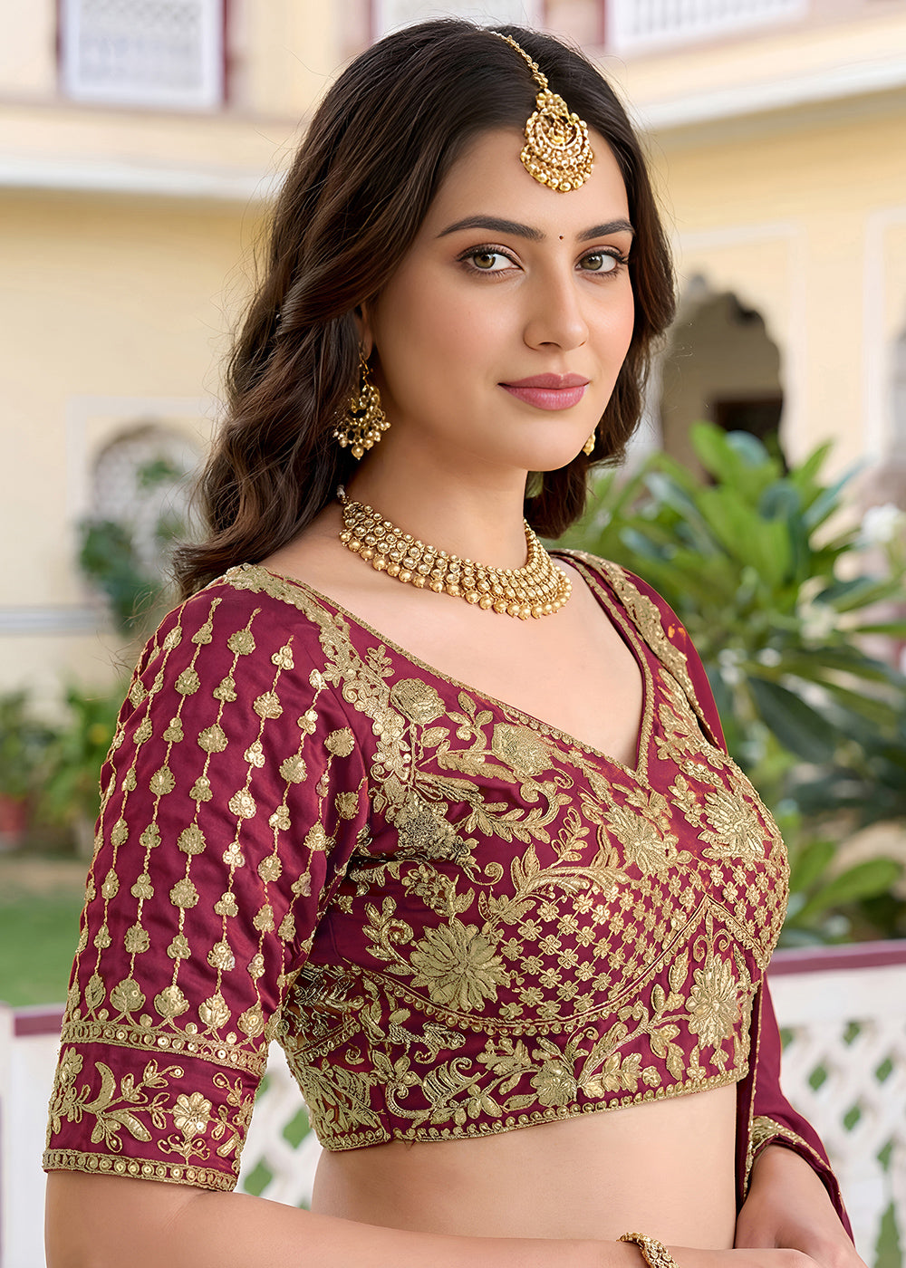Maroon Red &amp; Gold Embroidered Silk Lehenga Choli with Zari, Dori and Sequin Work