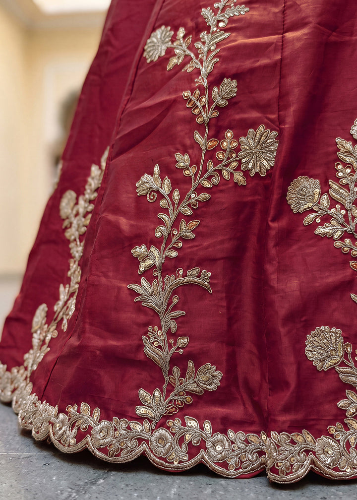Maroon Red &amp; Gold Embroidered Silk Lehenga Choli with Zari, Dori and Sequin Work