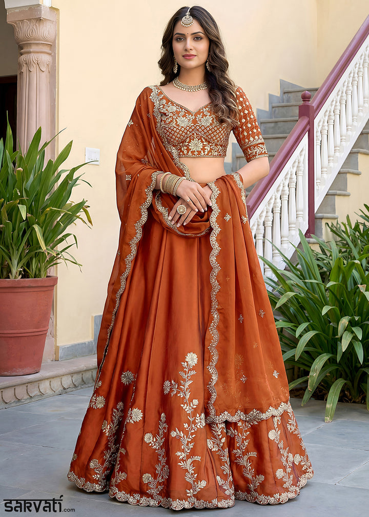Rust Orange &amp; Gold Embroidered Silk Lehenga Choli with Zari, Dori and Sequin Work
