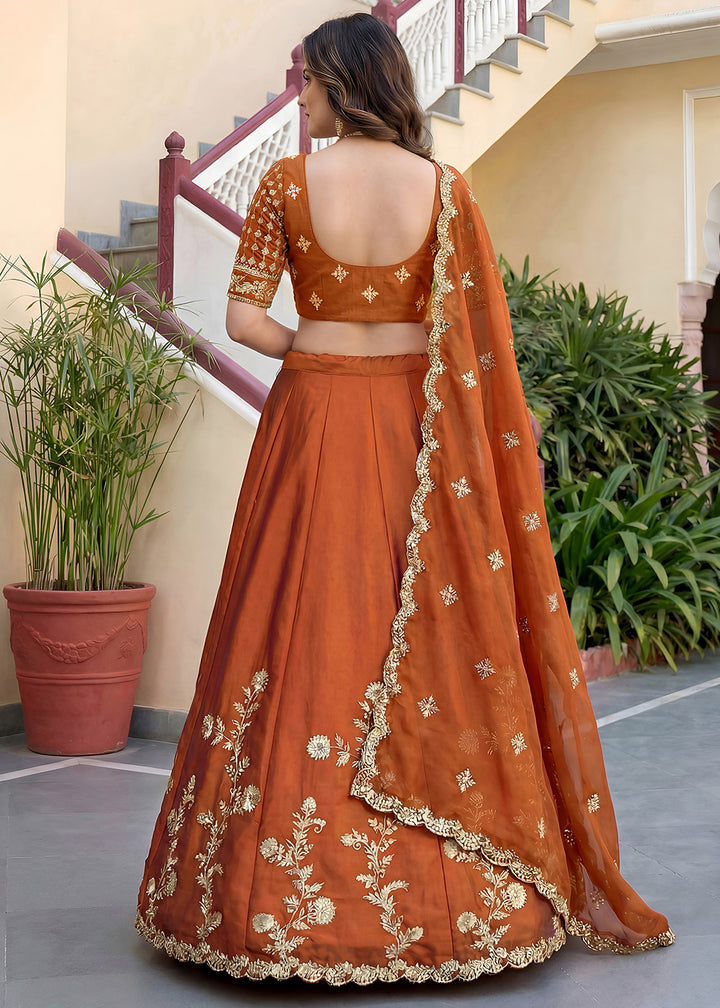 Rust Orange &amp; Gold Embroidered Silk Lehenga Choli with Zari, Dori and Sequin Work