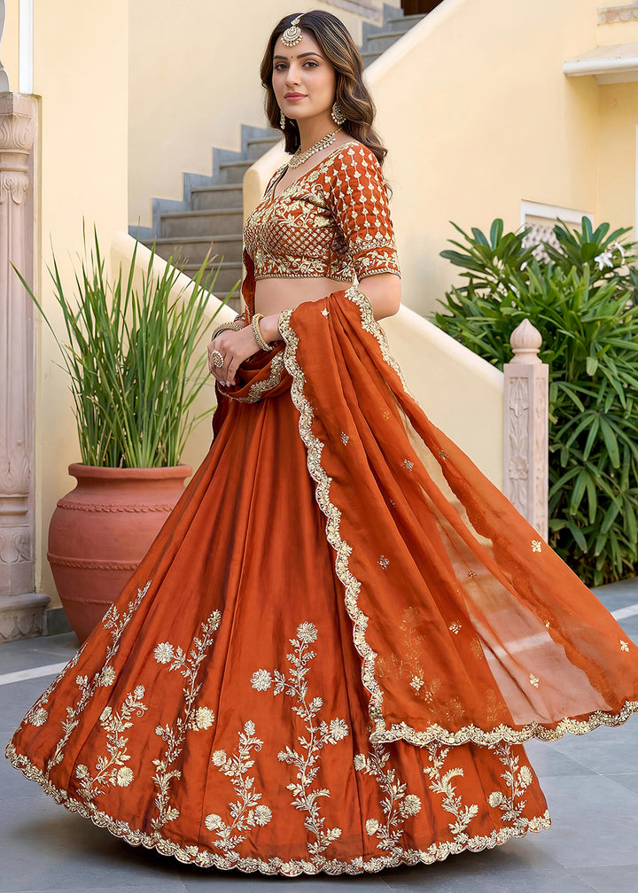 Rust Orange &amp; Gold Embroidered Silk Lehenga Choli with Zari, Dori and Sequin Work