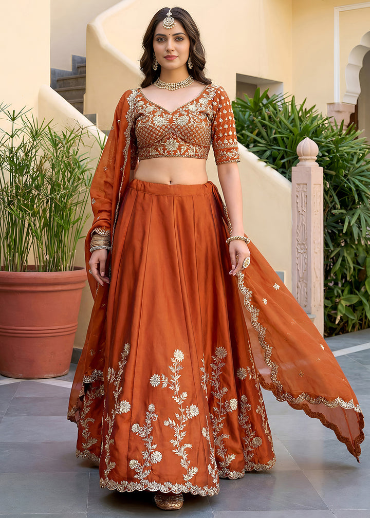 Rust Orange &amp; Gold Embroidered Silk Lehenga Choli with Zari, Dori and Sequin Work