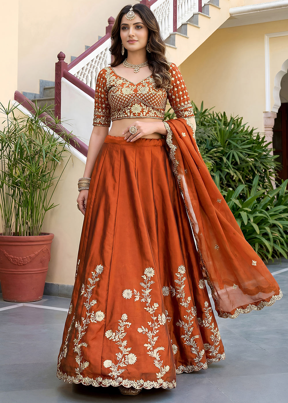 Rust Orange &amp; Gold Embroidered Silk Lehenga Choli with Zari, Dori and Sequin Work
