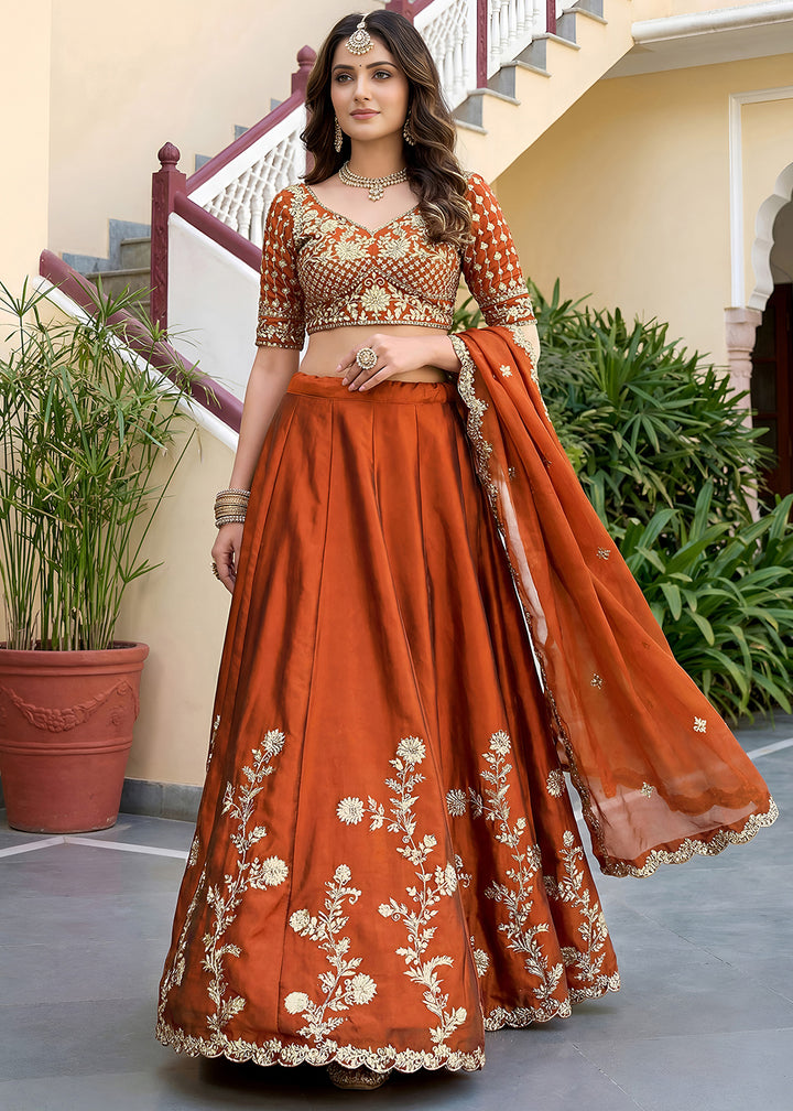 Rust Orange &amp; Gold Embroidered Silk Lehenga Choli with Zari, Dori and Sequin Work