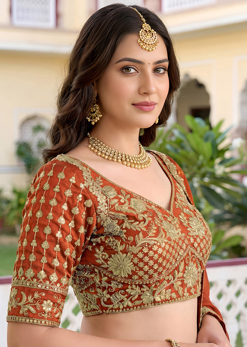 Rust Orange &amp; Gold Embroidered Silk Lehenga Choli with Zari, Dori and Sequin Work