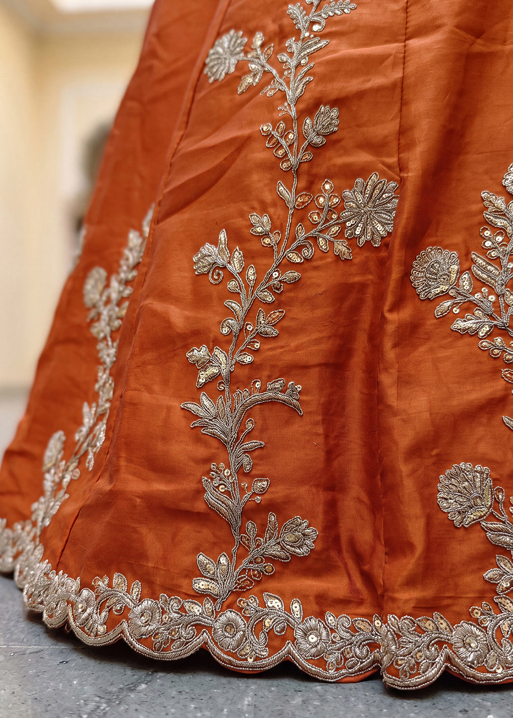 Rust Orange &amp; Gold Embroidered Silk Lehenga Choli with Zari, Dori and Sequin Work