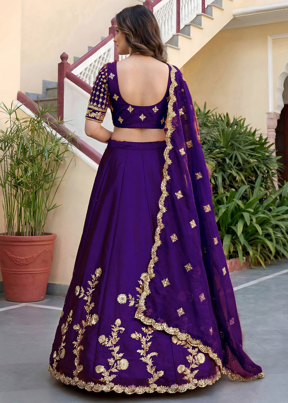 Royal Purple &amp; Antique Gold Silk Lehenga Choli with Zari, Dori &amp; Sequin Work