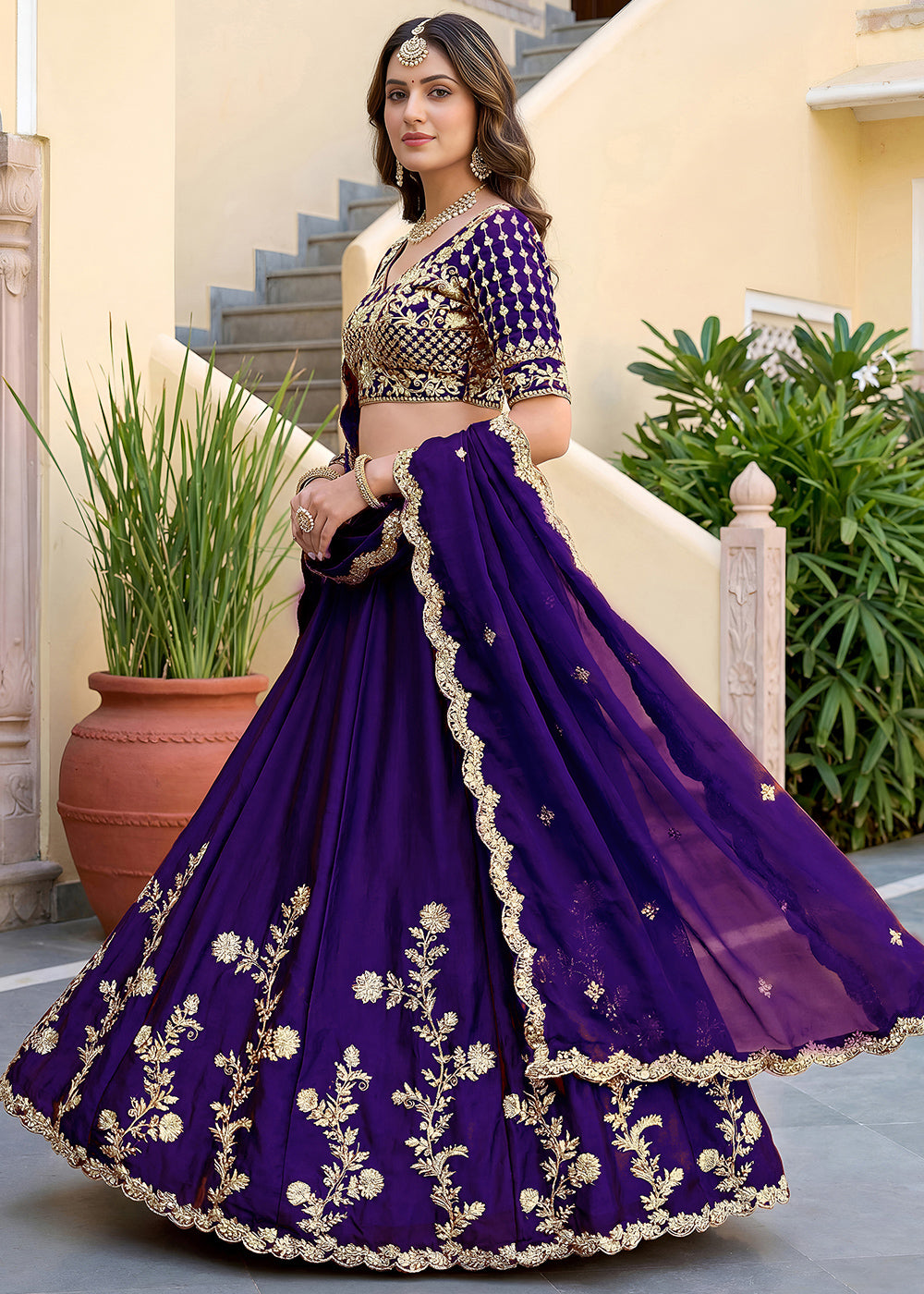 Royal Purple &amp; Antique Gold Silk Lehenga Choli with Zari, Dori &amp; Sequin Work