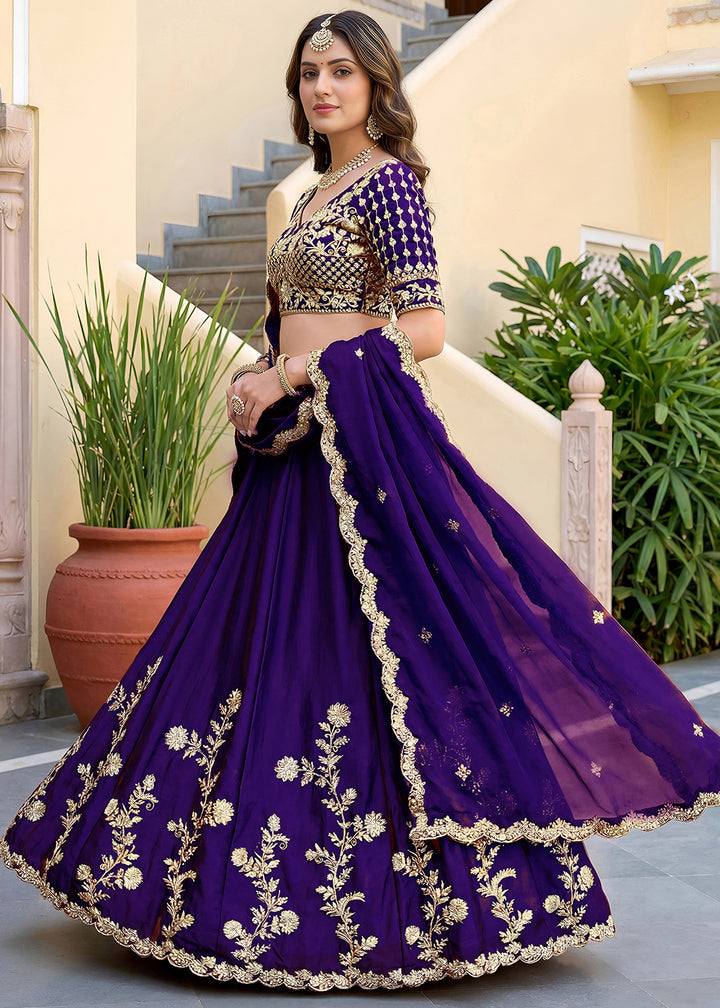 Royal Purple &amp; Antique Gold Silk Lehenga Choli with Zari, Dori &amp; Sequin Work