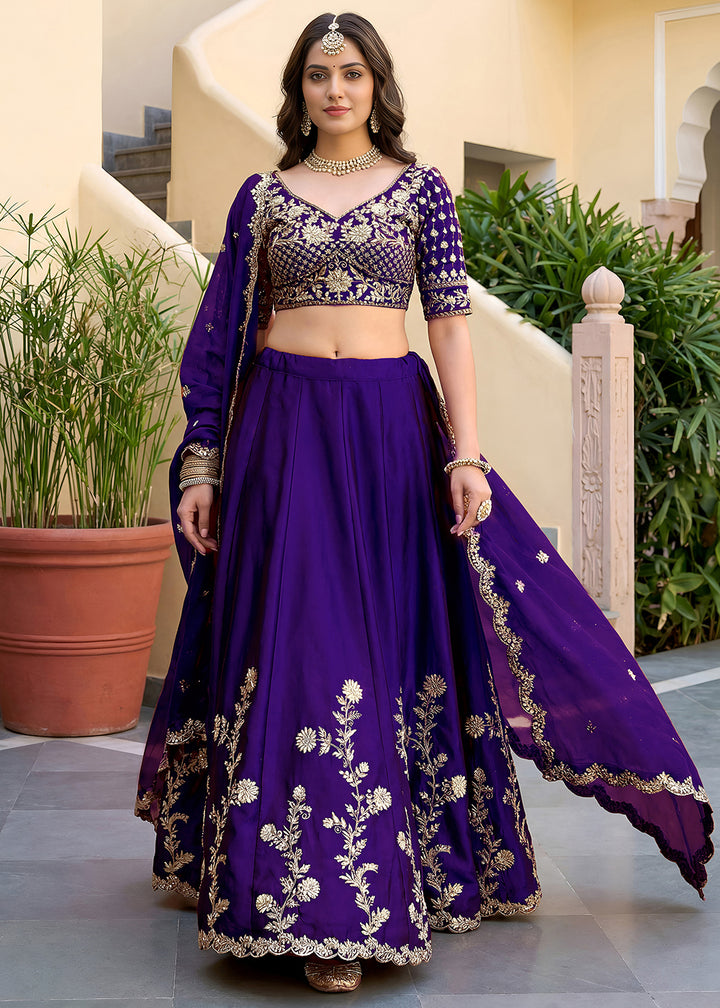 Royal Purple &amp; Antique Gold Silk Lehenga Choli with Zari, Dori &amp; Sequin Work