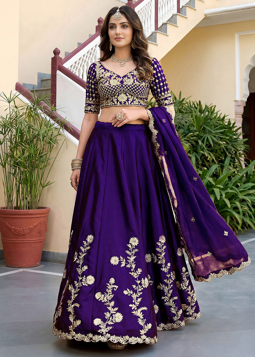 Royal Purple &amp; Antique Gold Silk Lehenga Choli with Zari, Dori &amp; Sequin Work