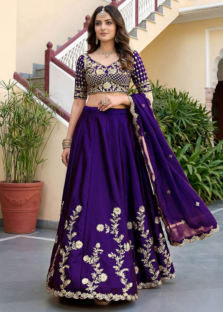Royal Purple &amp; Antique Gold Silk Lehenga Choli with Zari, Dori &amp; Sequin Work