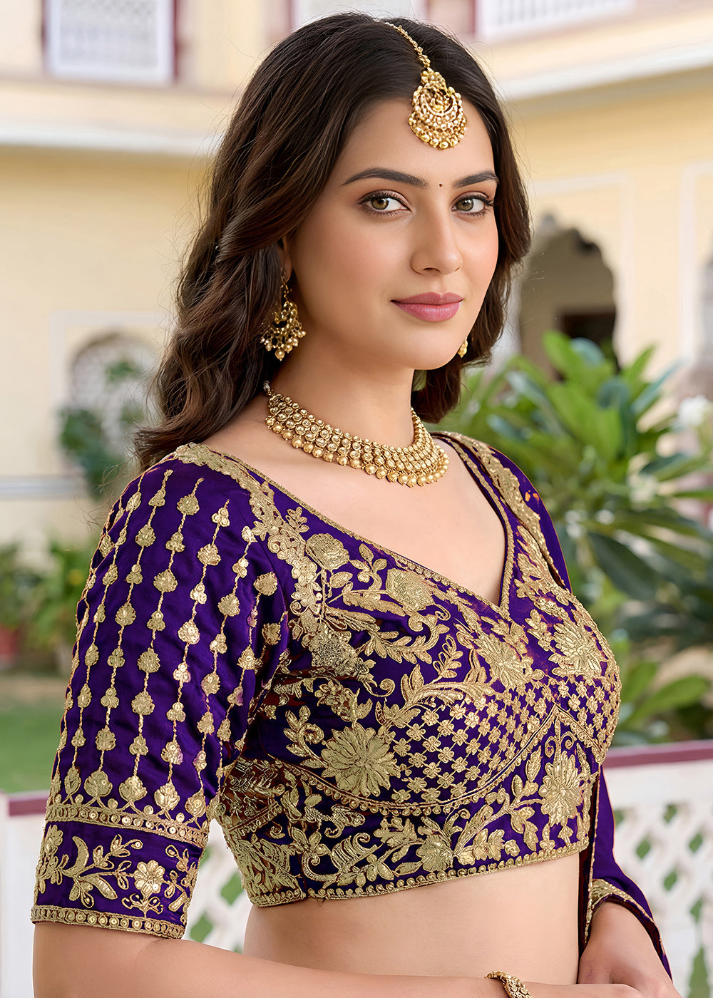 Royal Purple &amp; Antique Gold Silk Lehenga Choli with Zari, Dori &amp; Sequin Work