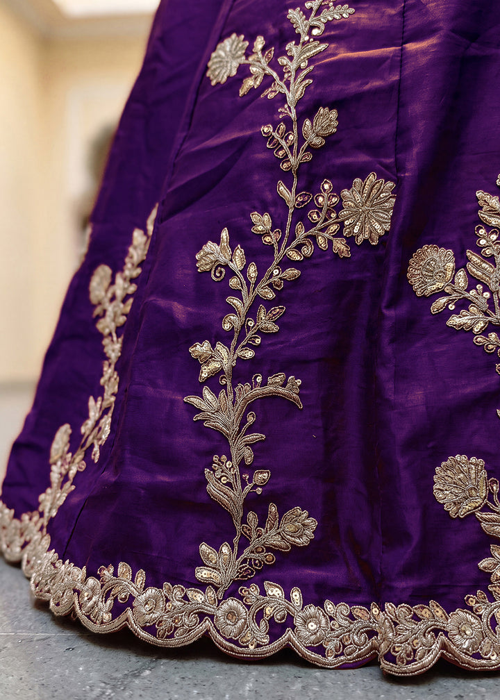 Royal Purple &amp; Antique Gold Silk Lehenga Choli with Zari, Dori &amp; Sequin Work
