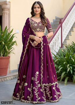 Wine Purple & Antique Gold Silk Lehenga Choli with Zari, Dori & Sequin Work