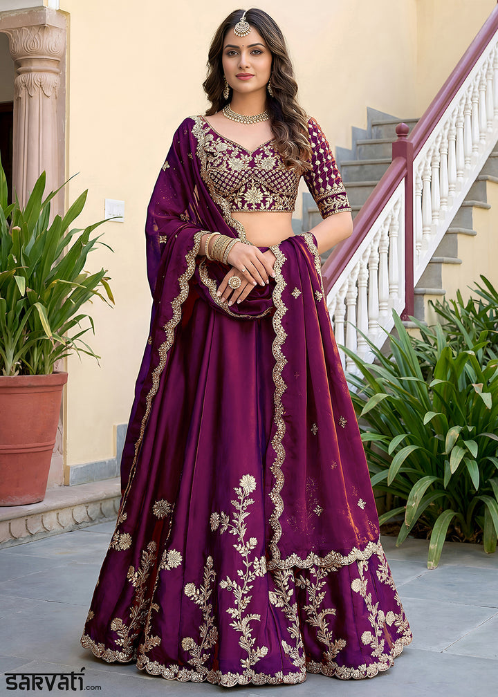 Wine Purple &amp; Antique Gold Silk Lehenga Choli with Zari, Dori &amp; Sequin Work
