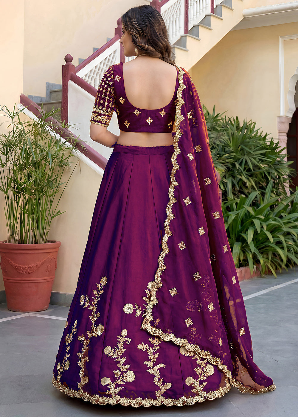 Wine Purple &amp; Antique Gold Silk Lehenga Choli with Zari, Dori &amp; Sequin Work