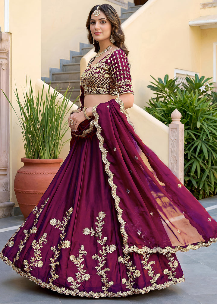 Wine Purple &amp; Antique Gold Silk Lehenga Choli with Zari, Dori &amp; Sequin Work