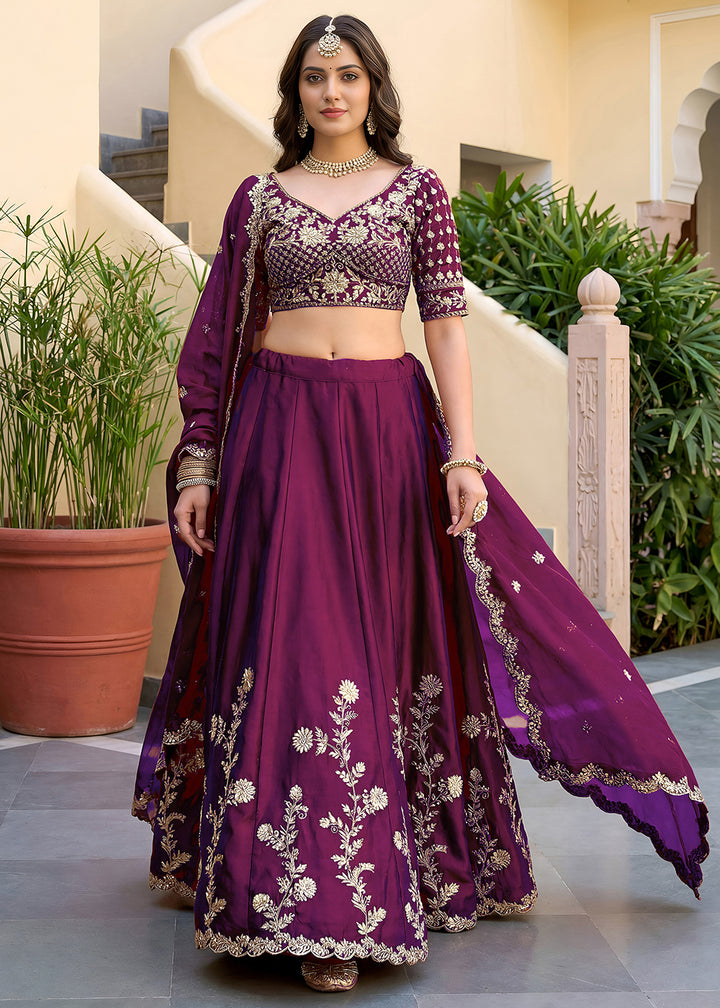 Wine Purple &amp; Antique Gold Silk Lehenga Choli with Zari, Dori &amp; Sequin Work