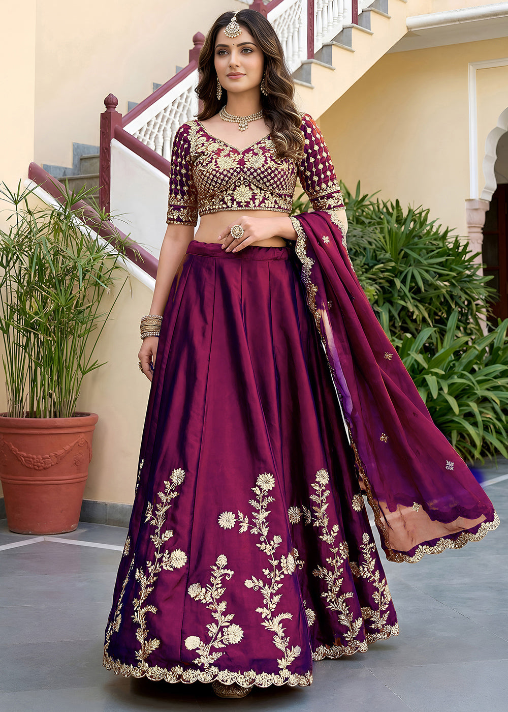 Wine Purple &amp; Antique Gold Silk Lehenga Choli with Zari, Dori &amp; Sequin Work
