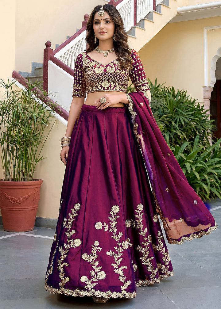 Wine Purple &amp; Antique Gold Silk Lehenga Choli with Zari, Dori &amp; Sequin Work