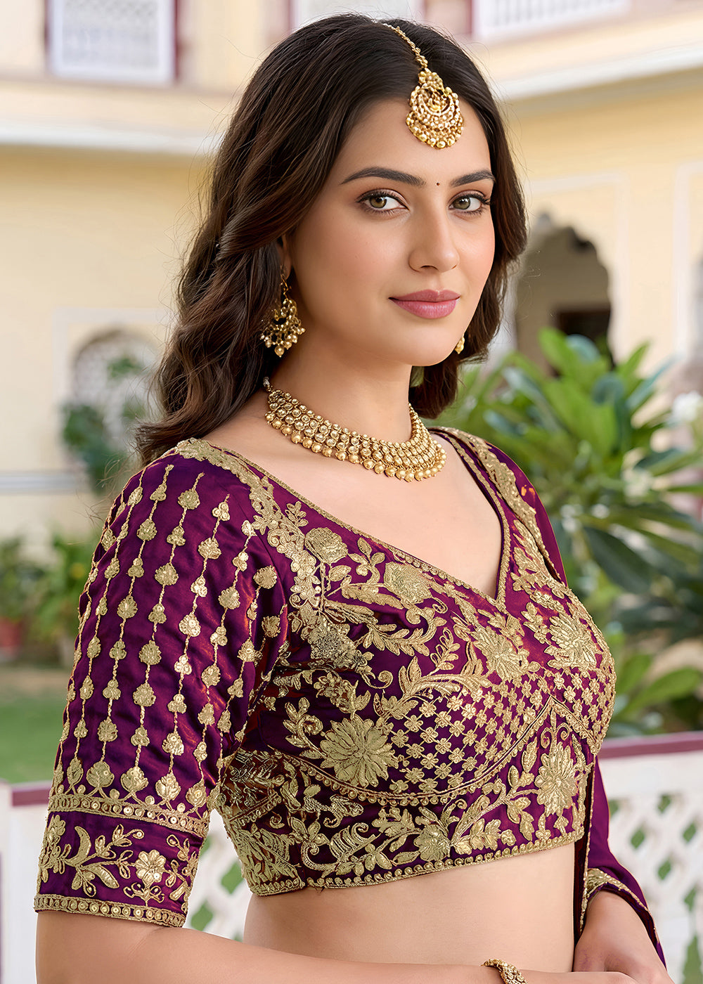 Wine Purple &amp; Antique Gold Silk Lehenga Choli with Zari, Dori &amp; Sequin Work