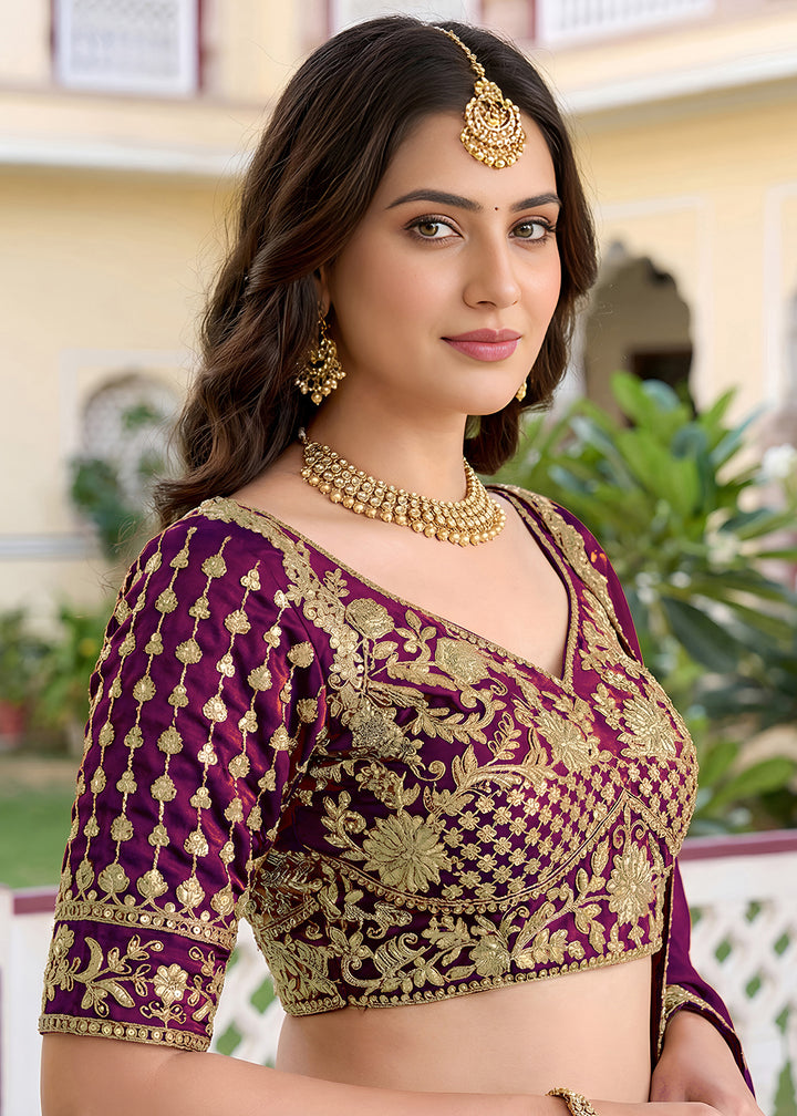 Wine Purple &amp; Antique Gold Silk Lehenga Choli with Zari, Dori &amp; Sequin Work