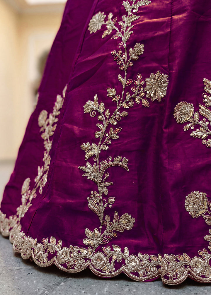 Wine Purple &amp; Antique Gold Silk Lehenga Choli with Zari, Dori &amp; Sequin Work