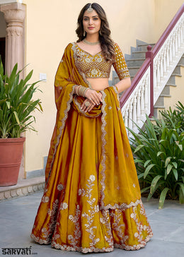 Mustard Yellow & Antique Gold Silk Lehenga Choli with Zari, Dori & Sequin Work