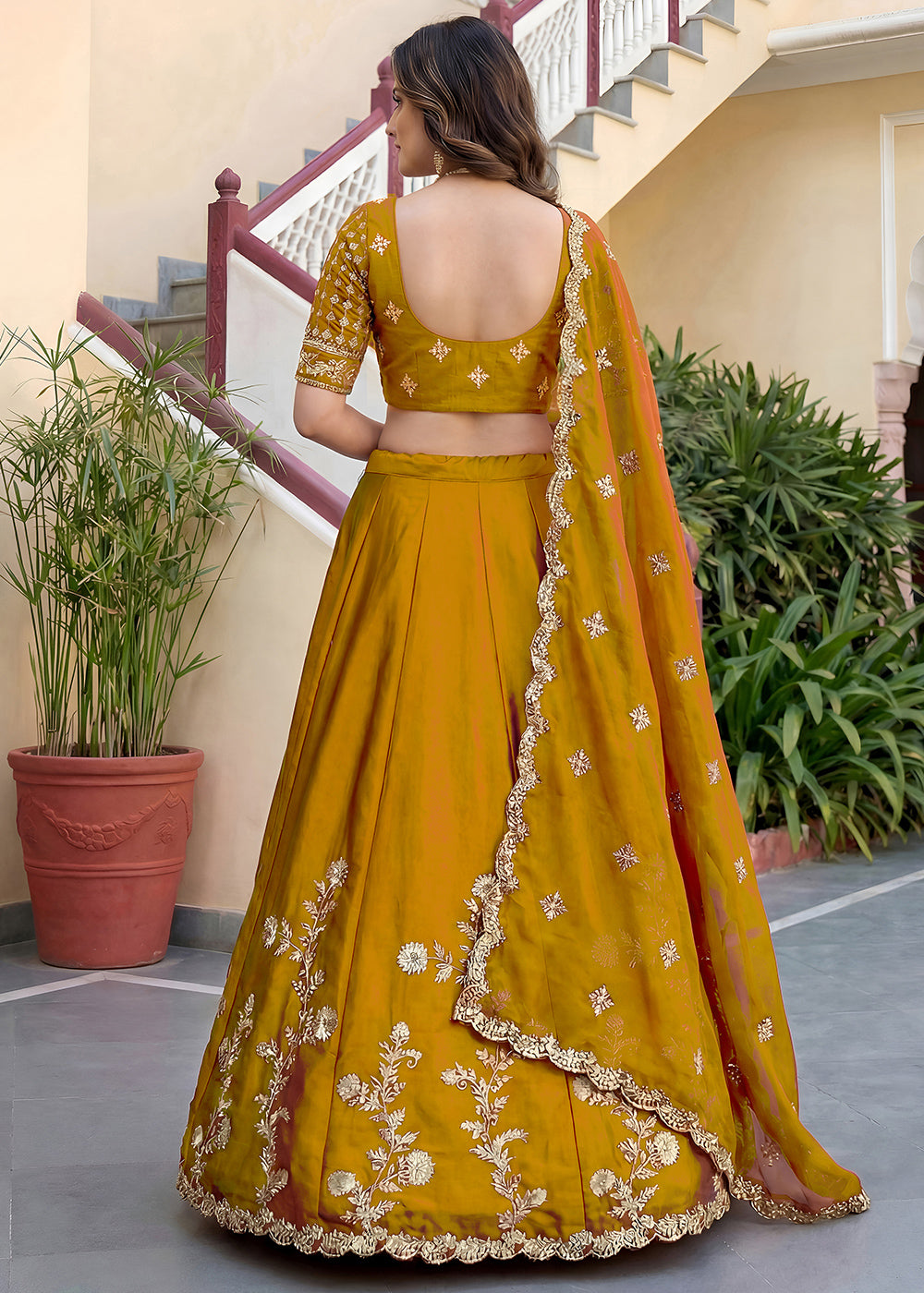 Mustard Yellow &amp; Antique Gold Silk Lehenga Choli with Zari, Dori &amp; Sequin Work
