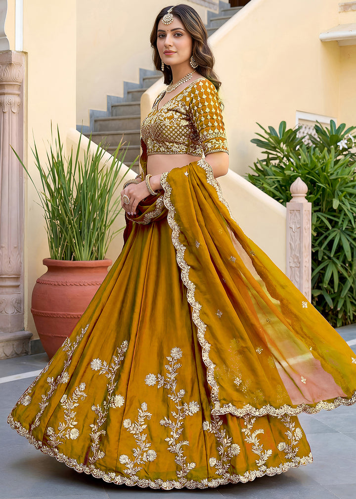 Mustard Yellow &amp; Antique Gold Silk Lehenga Choli with Zari, Dori &amp; Sequin Work