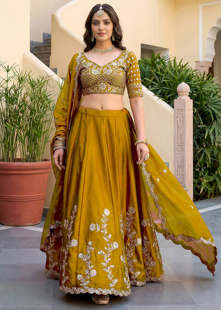 Mustard Yellow &amp; Antique Gold Silk Lehenga Choli with Zari, Dori &amp; Sequin Work