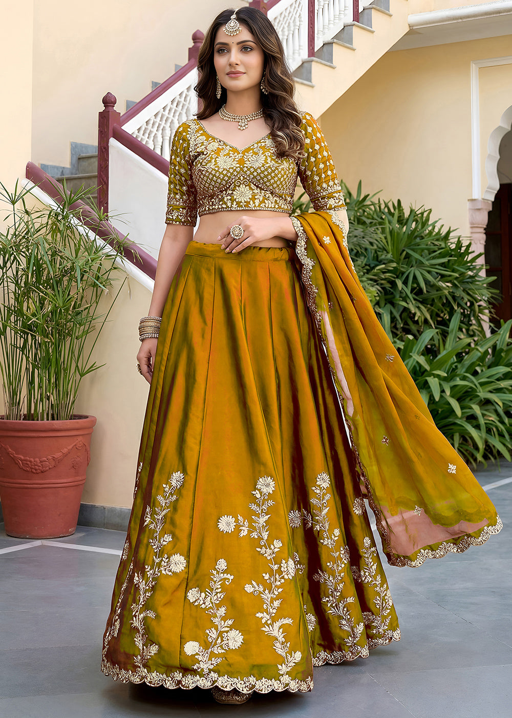 Mustard Yellow &amp; Antique Gold Silk Lehenga Choli with Zari, Dori &amp; Sequin Work
