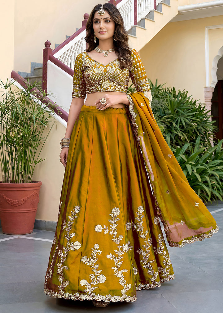Mustard Yellow &amp; Antique Gold Silk Lehenga Choli with Zari, Dori &amp; Sequin Work