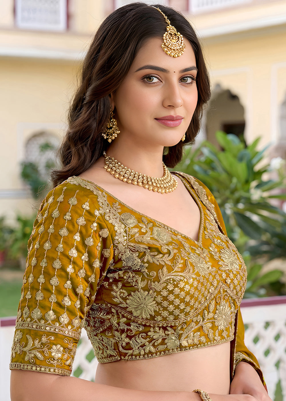 Mustard Yellow &amp; Antique Gold Silk Lehenga Choli with Zari, Dori &amp; Sequin Work