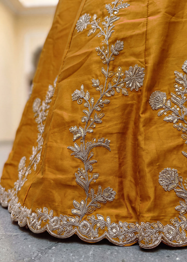 Mustard Yellow &amp; Antique Gold Silk Lehenga Choli with Zari, Dori &amp; Sequin Work