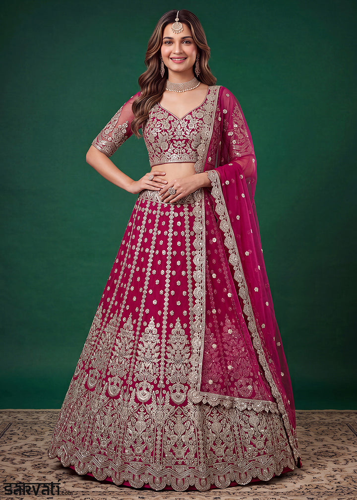Magenta Pink Soft Heavy Embroidered Soft Net Lehenga Choli with Zari, Sequin &amp; Dori Work